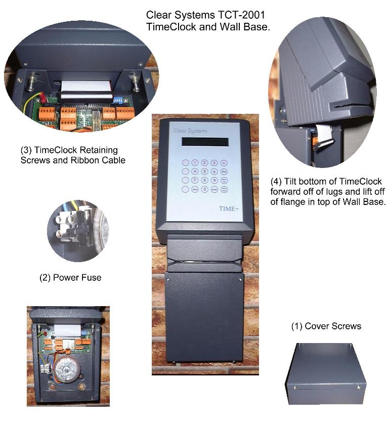 Diagram showing location of (1) Cover Screws, (2) Power Fuse, (3) TimeClock Retaining Screws and (4) Tilt and Lift TimeClock off of Wall Base.